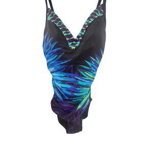 Women's V-Neck Small One-Piece Swimsuit With Adjustable Straps & Tropical Print